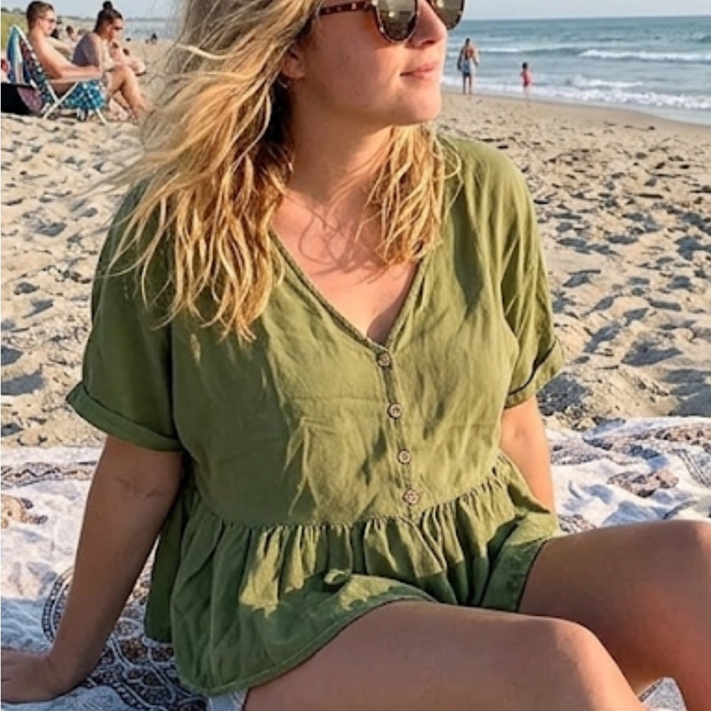ROXY Olive Green Button-Front Peplum Top crop beach small vacation